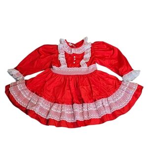 Vintage Mini World 3T Red Long Sleeved Dress With White Lace